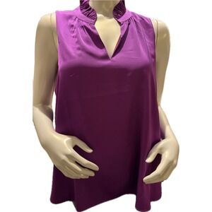 Jade Melody Tam Purple Ruffle High Neck Sleeveless V-Neck Blouse Top Large